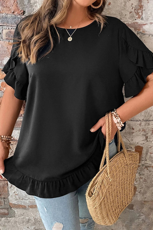 Solid Print Ruffle Trim Petal Sleeve Blouse