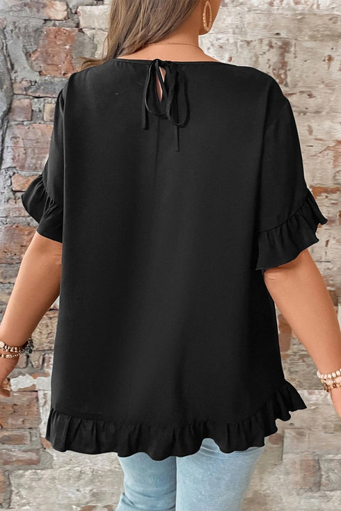 Solid Print Ruffle Trim Petal Sleeve Blouse