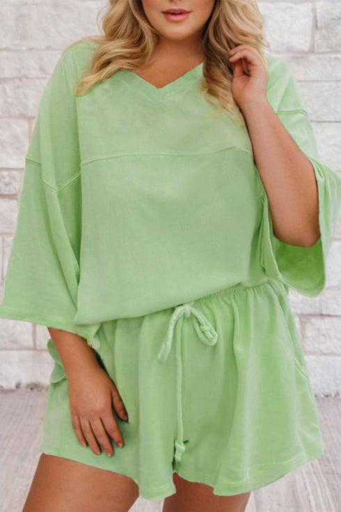 Solid Print V Neck Drop Shoulder Shorts Loungewear