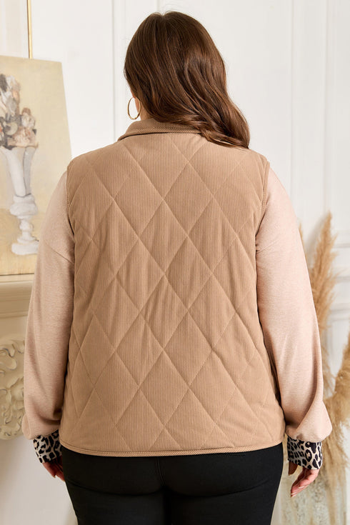 Solid Quilted Corduroy Snap Button Vest Outerwear