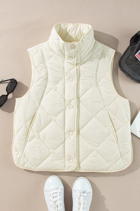 Solid Quilted High Neck Button Up Pocket Vest