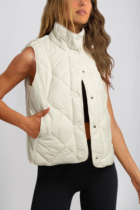 Solid Quilted High Neck Button Up Pocket Vest