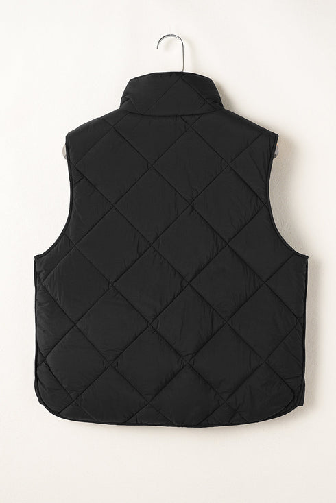 Solid Quilted High Neck Button Up Pocket Vest