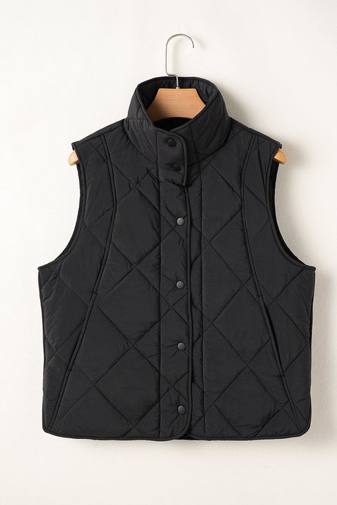 Solid Quilted High Neck Button Up Pocket Vest