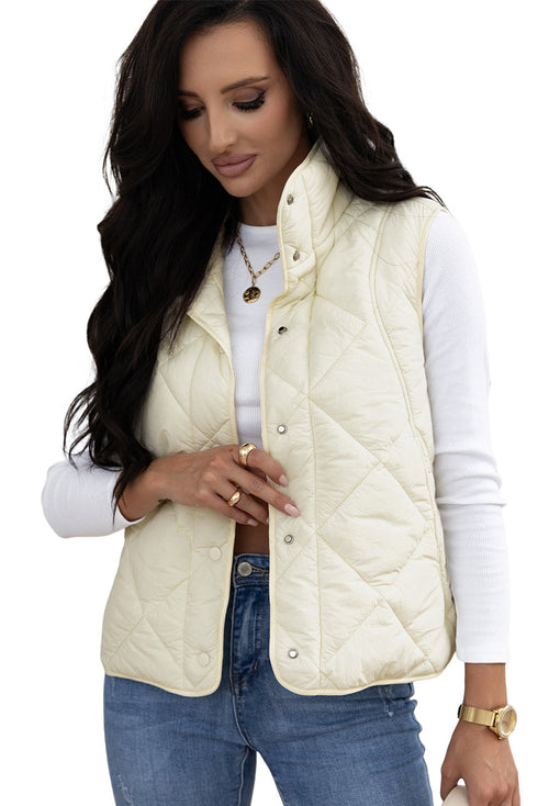 Solid Quilted High Neck Button Up Pocket Vest