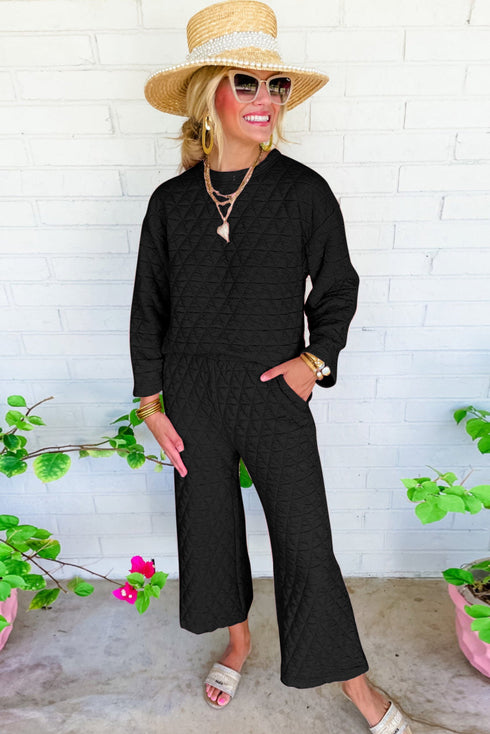 Solid Quilted Pullover and Pants Outfit