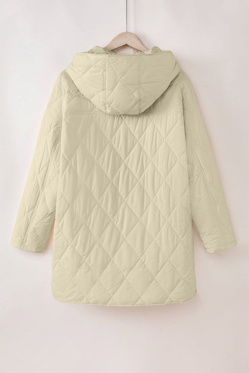 Solid Quilted Snap Button Hooded Puffer Coat
