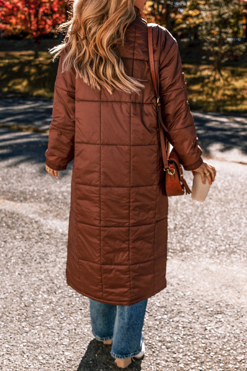 Solid Quilted Stand Collar Zipped Mid Length Puffer Coat