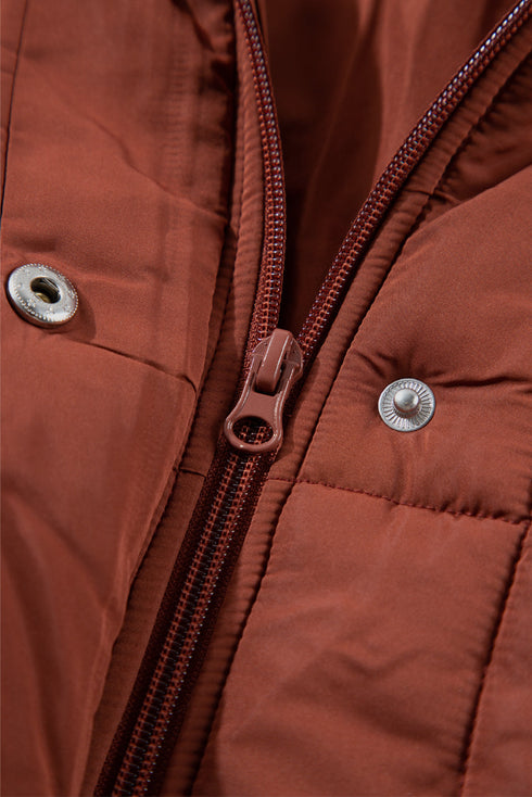 Solid Quilted Stand Collar Zipped Mid Length Puffer Coat