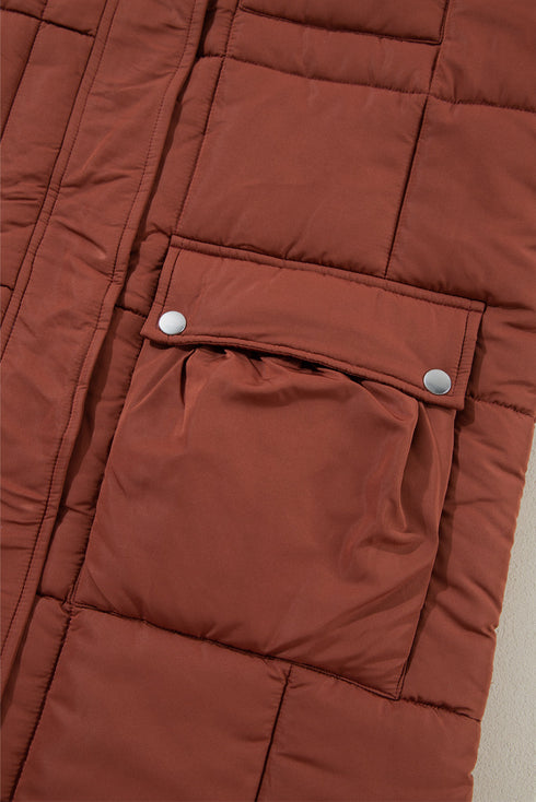 Solid Quilted Stand Collar Zipped Mid Length Puffer Coat
