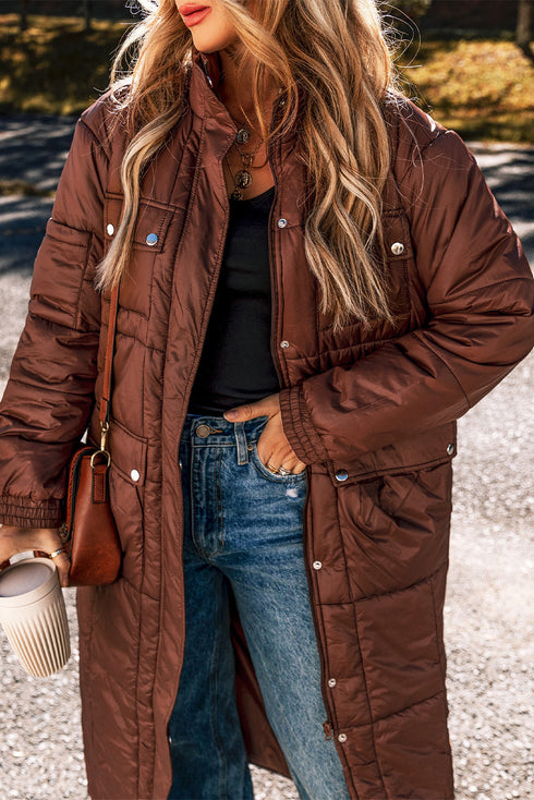 Solid Quilted Stand Collar Zipped Mid Length Puffer Coat