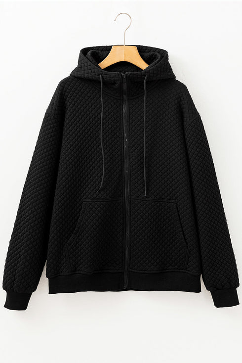 Solid Quilted Textured Zip Front Pocket Hooded Jacket
