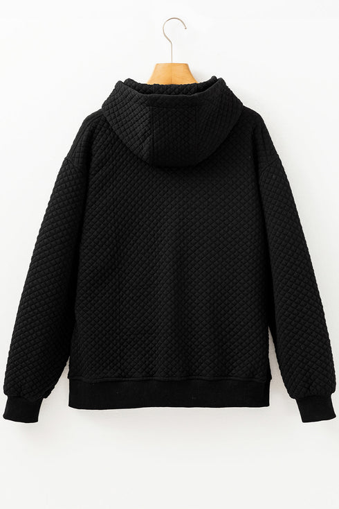 Solid Quilted Textured Zip Front Pocket Hooded Jacket