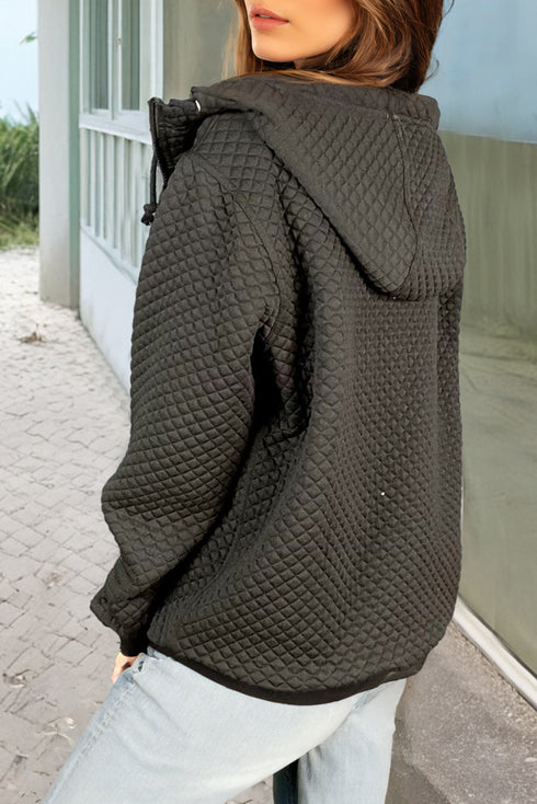Solid Quilted Textured Zip Front Pocket Hooded Jacket