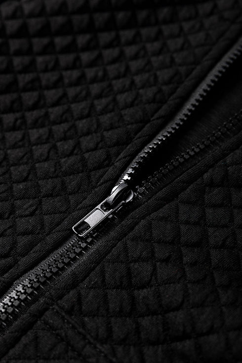Solid Quilted Textured Zip Front Pocket Hooded Jacket