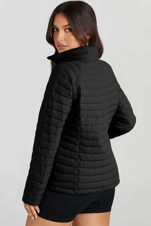 Solid Quilted Zip Up Insulated Puffer Jacket