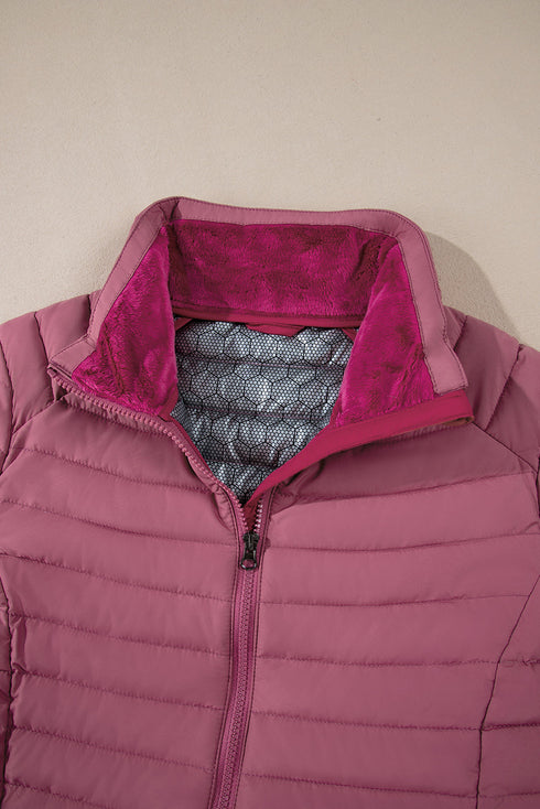 Solid Quilted Zip Up Insulated Puffer Jacket