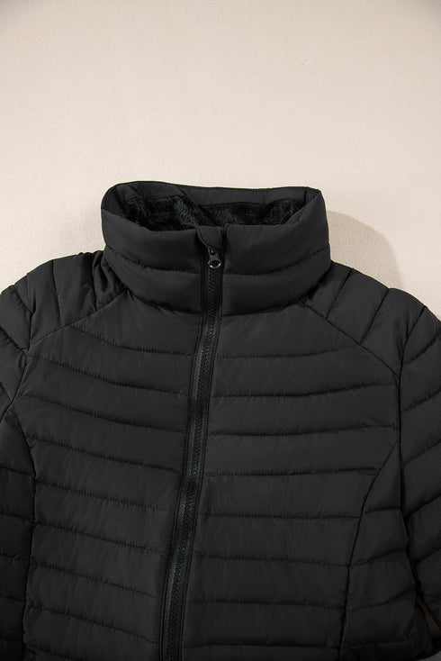 Solid Quilted Zip Up Insulated Puffer Jacket