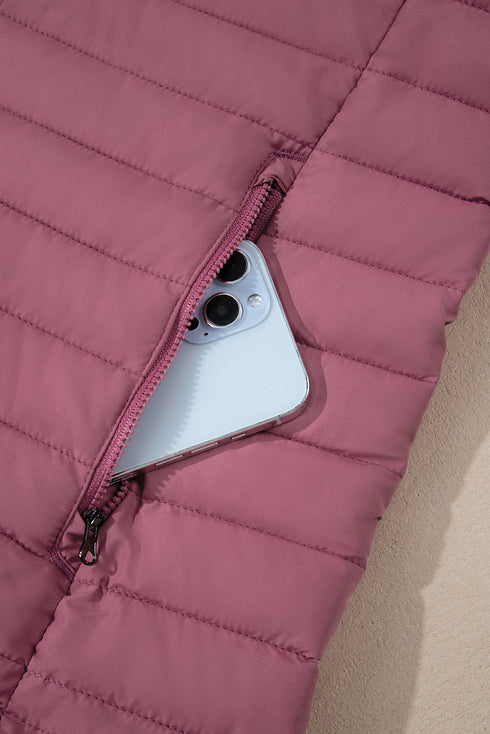 Solid Quilted Zip Up Insulated Puffer Jacket