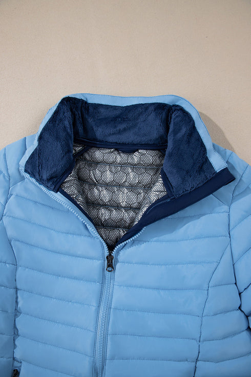 Solid Quilted Zip Up Insulated Puffer Jacket