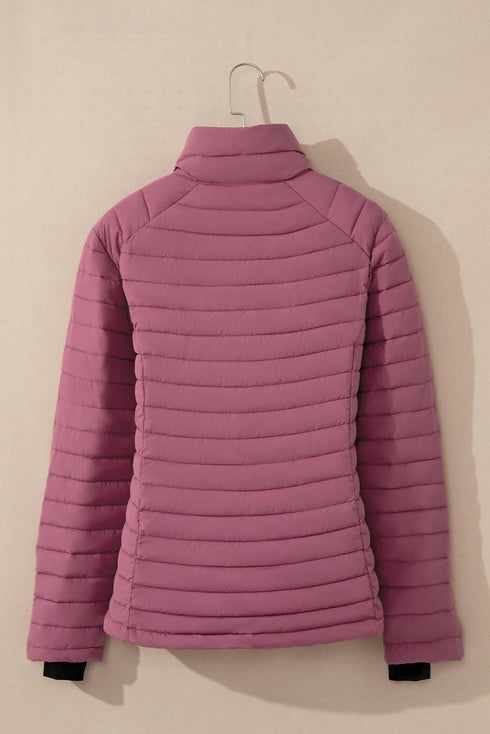 Solid Quilted Zip Up Insulated Puffer Jacket