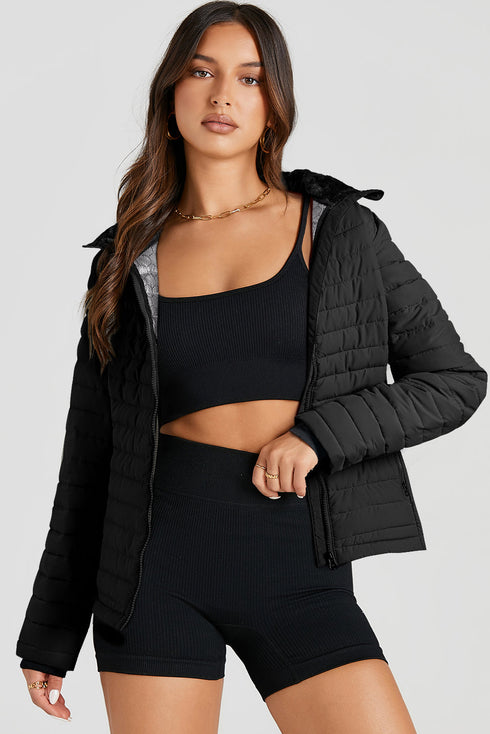 Solid Quilted Zip Up Insulated Puffer Jacket