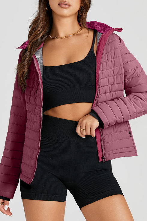 Solid Quilted Zip Up Insulated Puffer Jacket