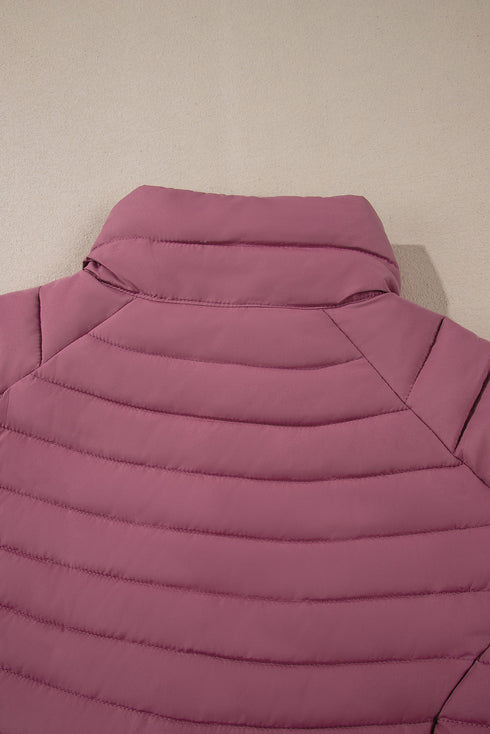 Solid Quilted Zip Up Insulated Puffer Jacket