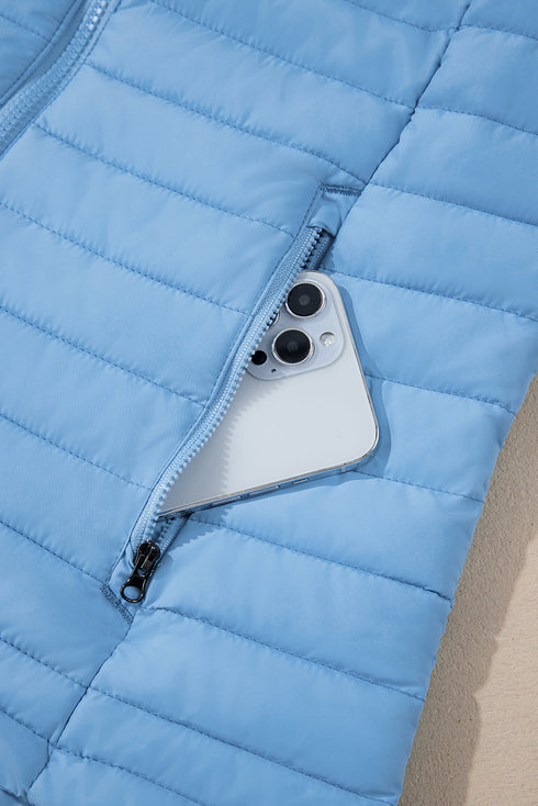 Solid Quilted Zip Up Insulated Puffer Jacket