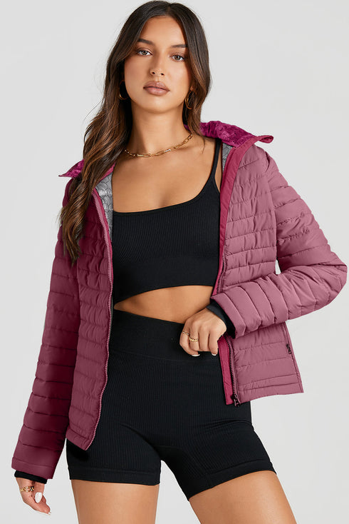 Solid Quilted Zip Up Insulated Puffer Jacket