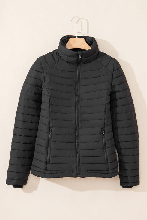 Solid Quilted Zip Up Insulated Puffer Jacket