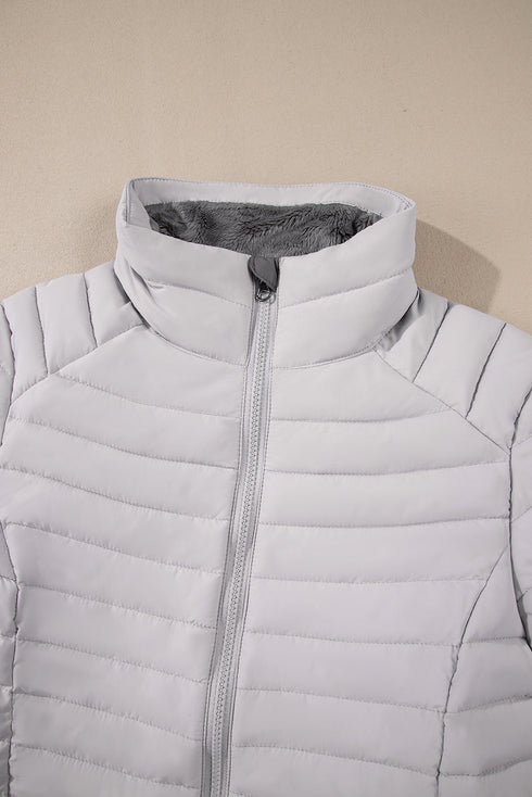 Solid Quilted Zip Up Insulated Puffer Jacket