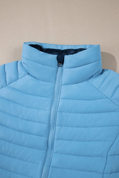 Solid Quilted Zip Up Insulated Puffer Jacket