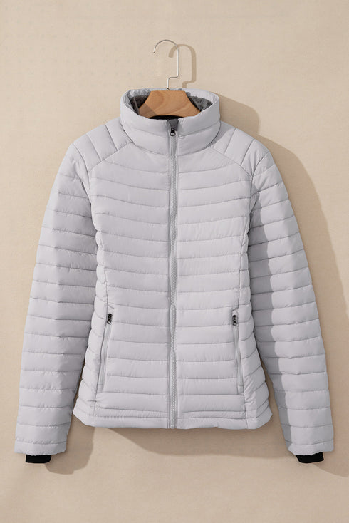 Solid Quilted Zip Up Insulated Puffer Jacket