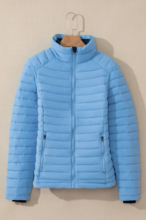 Solid Quilted Zip Up Insulated Puffer Jacket