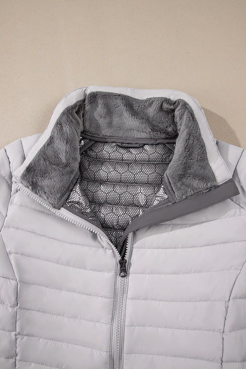 Solid Quilted Zip Up Insulated Puffer Jacket
