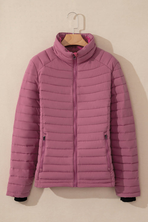 Solid Quilted Zip Up Insulated Puffer Jacket