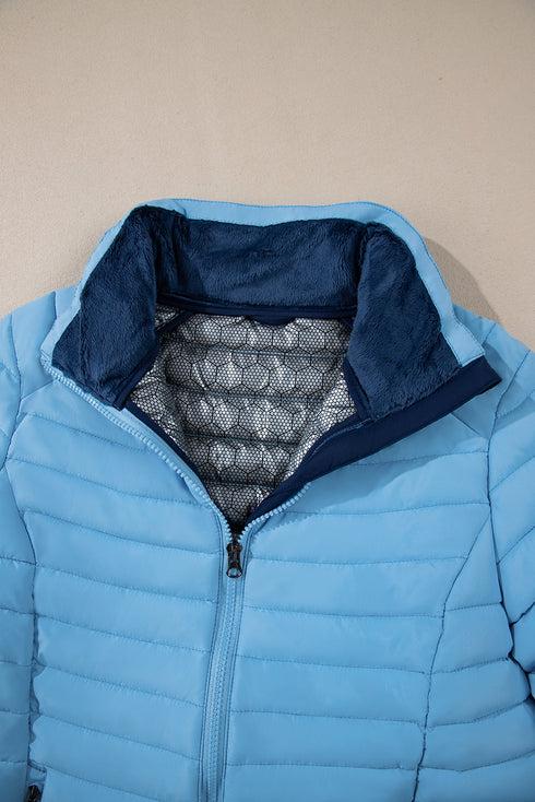 Solid Quilted Zip Up Insulated Puffer Jacket