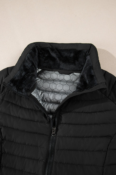 Solid Quilted Zip Up Insulated Puffer Jacket