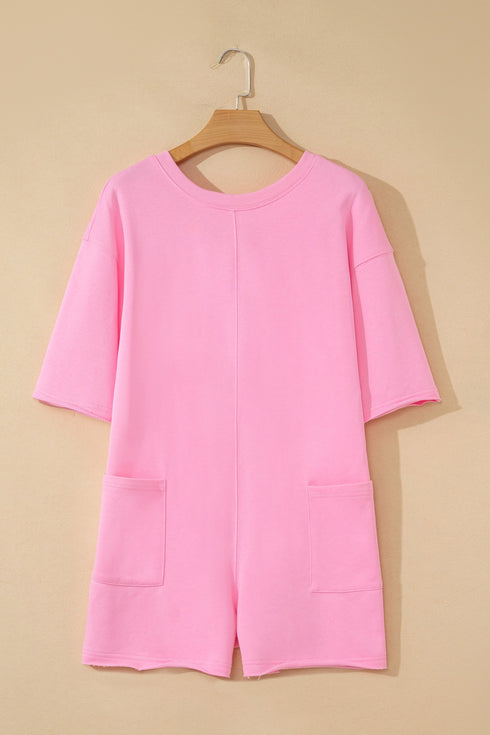 Solid Raw Edge Half Sleeve Pocketed Loose Romper