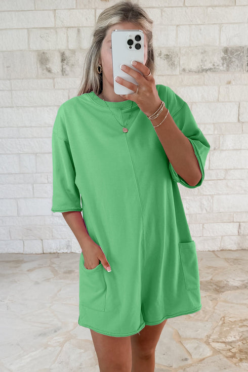 Solid Raw Edge Half Sleeve Pocketed Loose Romper