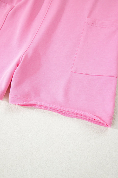Solid Raw Edge Half Sleeve Pocketed Loose Romper