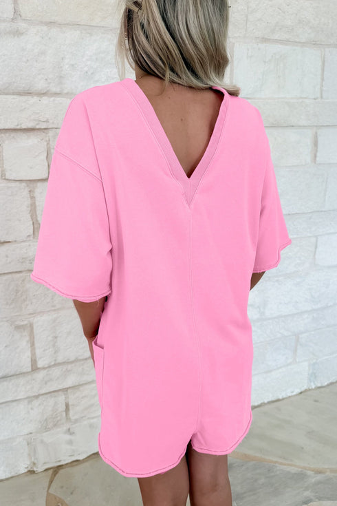 Solid Raw Edge Half Sleeve Pocketed Loose Romper