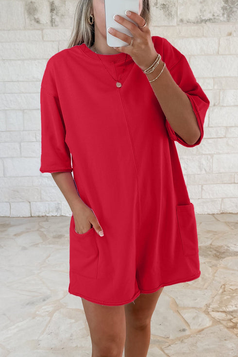 Solid Raw Edge Half Sleeve Pocketed Loose Romper