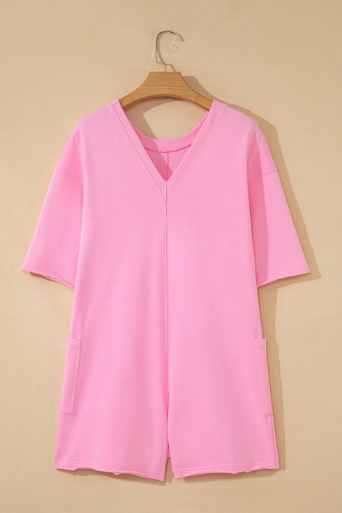 Solid Raw Edge Half Sleeve Pocketed Loose Romper