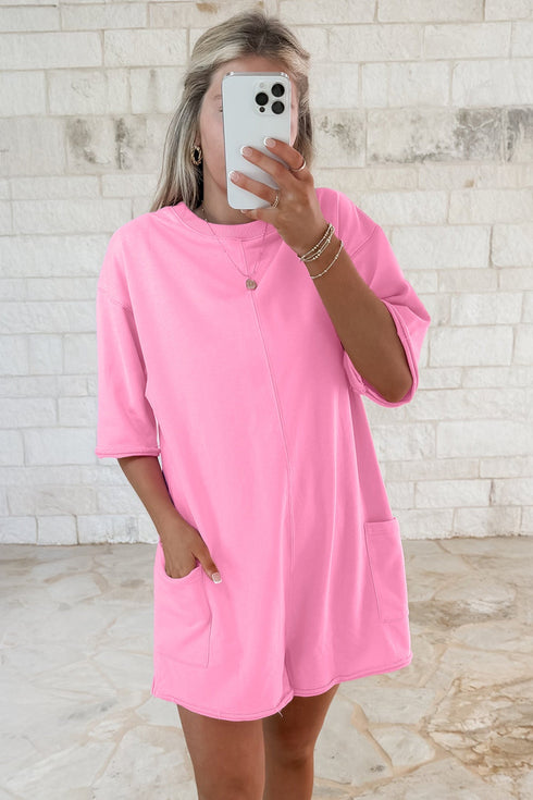 Solid Raw Edge Half Sleeve Pocketed Loose Romper