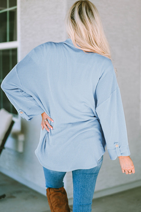 Solid Ribbed Cording Roll Tab Sleeve Shacket Jacket