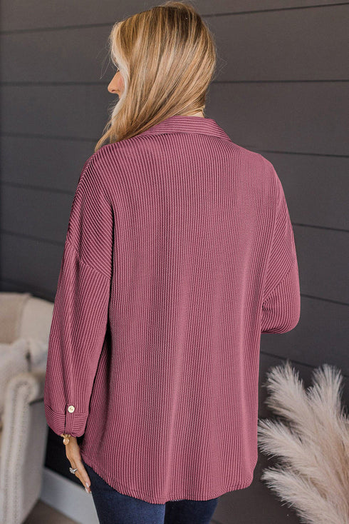 Solid Ribbed Cording Roll Tab Sleeve Shacket Jacket