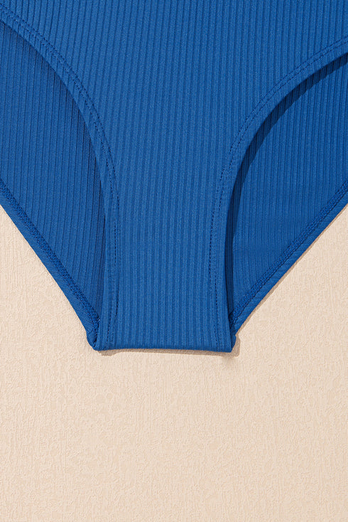 Solid Ribbed Knit Crossed Detail Two Piece Skort Tankinis