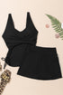 Solid Ribbed Knit Crossed Detail Two Piece Skort Tankinis